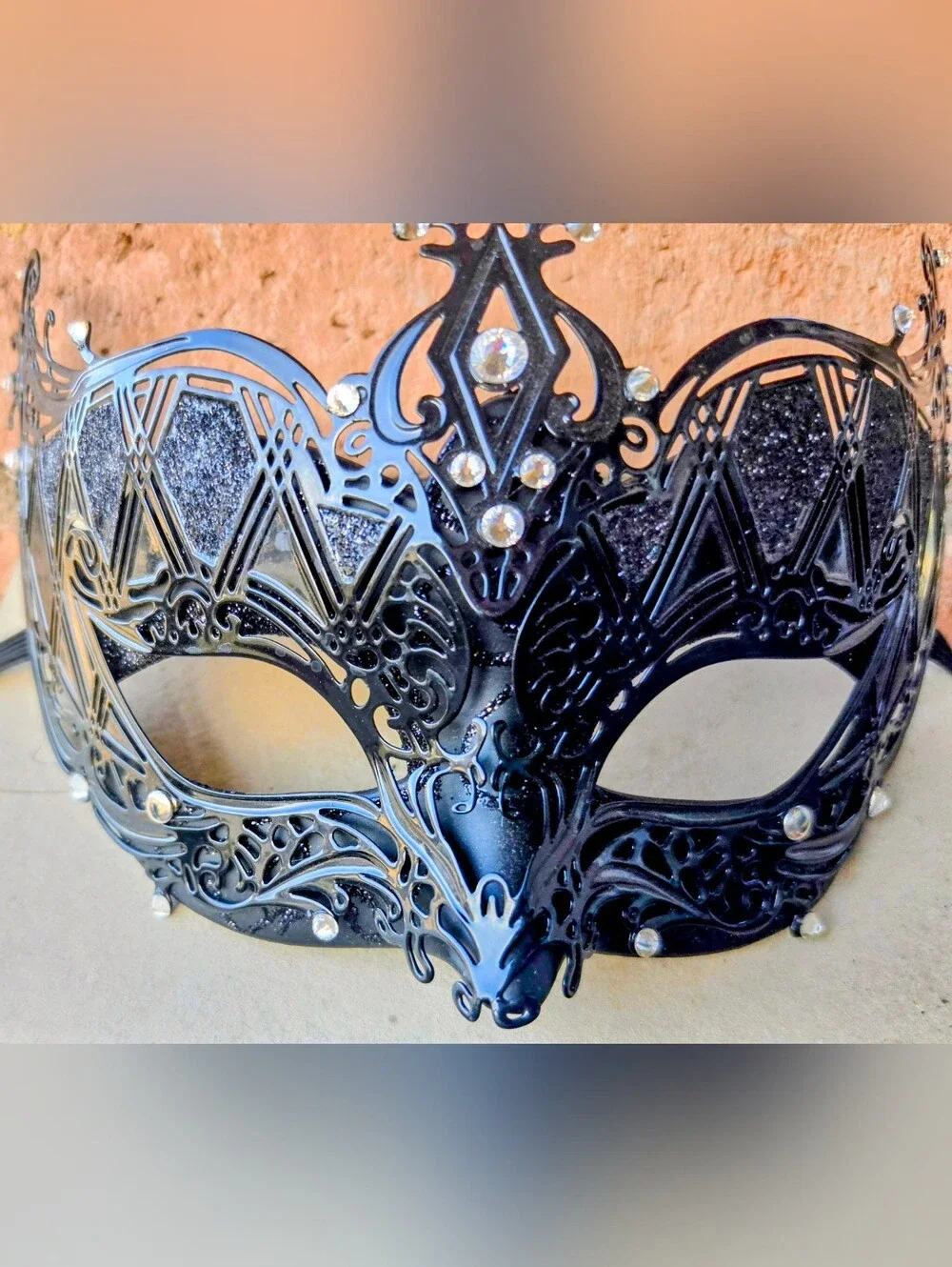 SOLID Black Decorative Masquerade Mask with Rhinestones - Metal. NEW.